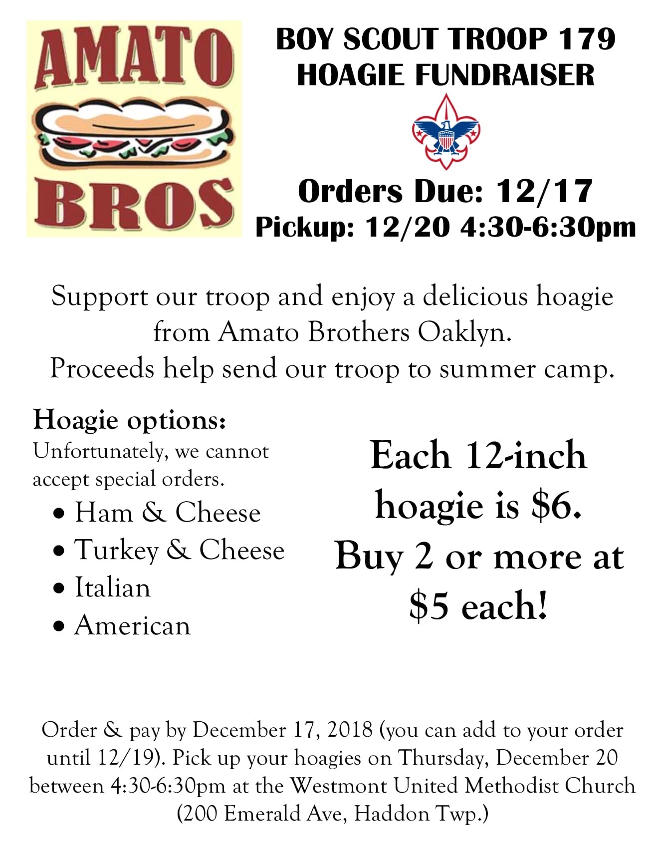 2018 Hoagie Fundraiser BSA Troop 179